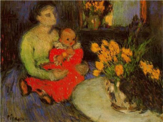  Μητέρα και παιδί πίσω από ένα μπουκέτο λουλούδια  Πάμπλο Πικάσο